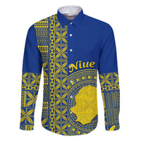 Fakaalofa Lahi Atu Niue Family Matching Off Shoulder Short Dress and Hawaiian Shirt Niuean Map With Hiapo Pattern Blue Version LT14 Dad's Shirt - Long Sleeve Blue - Polynesian Pride