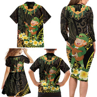 Hawaii Saint Patrick's Day Family Matching Long Sleeve Bodycon Dress and Hawaiian Shirt Ukulele Leprechaun Hau'Oli Maoli Oe! LT14 - Polynesian Pride