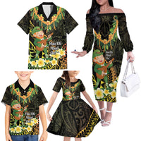 Hawaii Saint Patrick's Day Family Matching Off The Shoulder Long Sleeve Dress and Hawaiian Shirt Ukulele Leprechaun Hau'Oli Maoli Oe!