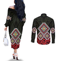 Kia Ora Aotearoa Couples Matching Off The Shoulder Long Sleeve Dress and Long Sleeve Button Shirt 2025 Pasifika Maori Taniko Motifs LT14 - Polynesian Pride