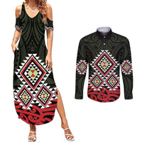 Kia Ora Aotearoa Couples Matching Summer Maxi Dress and Long Sleeve Button Shirt 2025 Pasifika Maori Taniko Motifs LT14 Black - Polynesian Pride