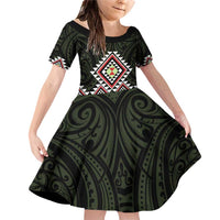 Kia Ora Aotearoa Family Matching Off Shoulder Short Dress and Hawaiian Shirt 2025 Pasifika Maori Taniko Motifs LT14 Daughter's Dress Black - Polynesian Pride