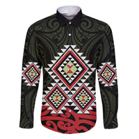 Kia Ora Aotearoa Family Matching Short Sleeve Bodycon Dress and Hawaiian Shirt 2025 Pasifika Maori Taniko Motifs LT14 Dad's Shirt - Long Sleeve Black - Polynesian Pride