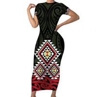 Kia Ora Aotearoa Family Matching Short Sleeve Bodycon Dress and Hawaiian Shirt 2025 Pasifika Maori Taniko Motifs LT14 Mom's Dress Black - Polynesian Pride
