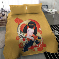 Japanese Geisha Koi Fish Bedding Set Cherry Blossoms Yellow Seigaiha Pattern - Polynesian Pride