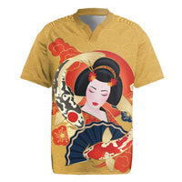 Japanese Geisha Koi Fish Rugby Jersey Cherry Blossoms Yellow Seigaiha Pattern - Polynesian Pride