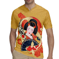 Japanese Geisha Koi Fish Rugby Jersey Cherry Blossoms Yellow Seigaiha Pattern - Polynesian Pride