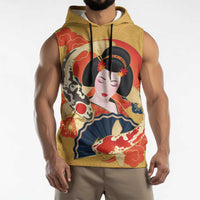 Japanese Geisha Koi Fish Sleeveless Hoodie Cherry Blossoms Yellow Seigaiha Pattern - Polynesian Pride