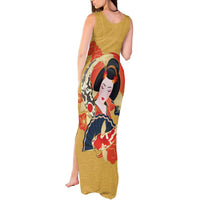 Japanese Geisha Koi Fish Tank Maxi Dress Cherry Blossoms Yellow Seigaiha Pattern - Polynesian Pride
