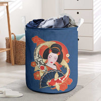 Japanese Geisha Koi Fish Laundry Basket Cherry Blossoms Blue Seigaiha Pattern - Polynesian Pride