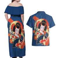 Japanese Geisha Koi Fish Couples Matching Off Shoulder Maxi Dress and Hawaiian Shirt Cherry Blossoms Blue Seigaiha Pattern LT14 - Polynesian Pride