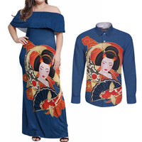 Japanese Geisha Koi Fish Couples Matching Off Shoulder Maxi Dress and Long Sleeve Button Shirt Cherry Blossoms Blue Seigaiha Pattern LT14 Blue - Polynesian Pride