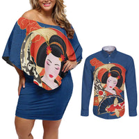 Japanese Geisha Koi Fish Couples Matching Off Shoulder Short Dress and Long Sleeve Button Shirt Cherry Blossoms Blue Seigaiha Pattern LT14 Blue - Polynesian Pride