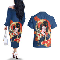 Japanese Geisha Koi Fish Couples Matching Off The Shoulder Long Sleeve Dress and Hawaiian Shirt Cherry Blossoms Blue Seigaiha Pattern - Polynesian Pride