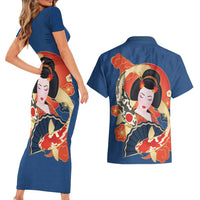 Japanese Geisha Koi Fish Couples Matching Short Sleeve Bodycon Dress and Hawaiian Shirt Cherry Blossoms Blue Seigaiha Pattern LT14 - Polynesian Pride