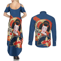 Japanese Geisha Koi Fish Couples Matching Summer Maxi Dress and Long Sleeve Button Shirt Cherry Blossoms Blue Seigaiha Pattern - Polynesian Pride