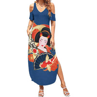 Japanese Geisha Koi Fish Family Matching Summer Maxi Dress and Hawaiian Shirt Cherry Blossoms Blue Seigaiha Pattern - Polynesian Pride