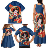 Japanese Geisha Koi Fish Family Matching Tank Maxi Dress and Hawaiian Shirt Cherry Blossoms Blue Seigaiha Pattern - Polynesian Pride
