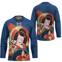 Japanese Geisha Koi Fish Hockey Jersey Cherry Blossoms Blue Seigaiha Pattern - Polynesian Pride