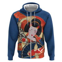 Japanese Geisha Koi Fish Hoodie Cherry Blossoms Blue Seigaiha Pattern - Polynesian Pride