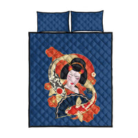 Japanese Geisha Koi Fish Quilt Bed Set Cherry Blossoms Blue Seigaiha Pattern - Polynesian Pride