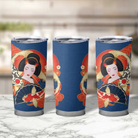 Japanese Geisha Koi Fish Tumbler Cup Cherry Blossoms Blue Seigaiha Pattern LT14 - Polynesian Pride