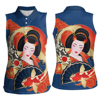Japanese Geisha Koi Fish Women Sleeveless Polo Shirt Cherry Blossoms Blue Seigaiha Pattern LT14 - Polynesian Pride