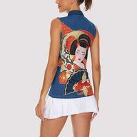 Japanese Geisha Koi Fish Women Sleeveless Polo Shirt Cherry Blossoms Blue Seigaiha Pattern LT14 - Polynesian Pride