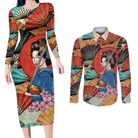 Japanese Geisha Katana Couples Matching Long Sleeve Bodycon Dress and Long Sleeve Button Shirt Japan Sensu Seigaiha Pattern LT14 Multicolor - Polynesian Pride