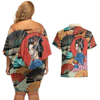 Japanese Geisha Katana Couples Matching Off Shoulder Short Dress and Hawaiian Shirt Japan Sensu Seigaiha Pattern LT14 - Polynesian Pride