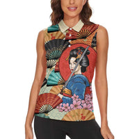 Japanese Geisha Katana Women Sleeveless Polo Shirt - Japan Sensu Seigaiha Pattern LT14 - Polynesian Pride
