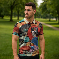 Japanese Geisha Katana Zipper Polo Shirt Japan Sensu Seigaiha Pattern - Polynesian Pride