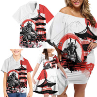 Japanese Samurai Warrior Enso Family Matching Off Shoulder Short Dress and Hawaiian Shirt Japan Pagoda Sakura Watercolor - Polynesian Pride