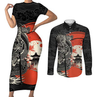 Japanese Dragon Katana Enso Couples Matching Short Sleeve Bodycon Dress and Long Sleeve Button Shirt Japan Pagoda Seamless Cloud LT14 Black - Polynesian Pride