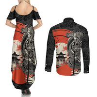 Japanese Dragon Katana Enso Couples Matching Summer Maxi Dress and Long Sleeve Button Shirt Japan Pagoda Seamless Cloud LT14 - Polynesian Pride