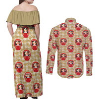 Japanese Daruma Doll Couples Matching Off Shoulder Maxi Dress and Long Sleeve Button Shirt Palaka With Seamless Bamboo Pattern - Polynesian Pride