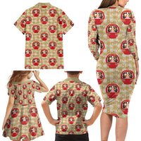 Japanese Daruma Doll Family Matching Long Sleeve Bodycon Dress and Hawaiian Shirt Palaka With Seamless Bamboo Pattern LT14 - Polynesian Pride