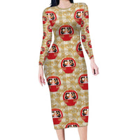 Japanese Daruma Doll Family Matching Long Sleeve Bodycon Dress and Hawaiian Shirt Palaka With Seamless Bamboo Pattern LT14 Mom's Dress Beige - Polynesian Pride