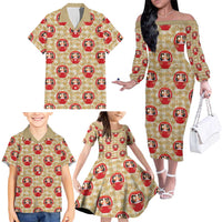 Japanese Daruma Doll Family Matching Off The Shoulder Long Sleeve Dress and Hawaiian Shirt Palaka With Seamless Bamboo Pattern LT14 - Polynesian Pride