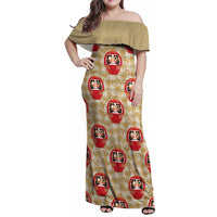 Japanese Daruma Doll Family Matching Off Shoulder Maxi Dress and Hawaiian Shirt Palaka With Seamless Bamboo Pattern LT14 Mom's Dress Beige - Polynesian Pride