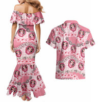 Japanese Daruma Doll Palaka Couples Matching Mermaid Dress and Hawaiian Shirt Cherry Blossoms With Shell Lei LT14 - Polynesian Pride
