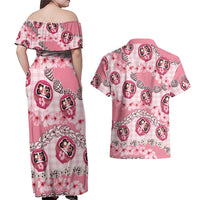 Japanese Daruma Doll Palaka Couples Matching Off Shoulder Maxi Dress and Hawaiian Shirt Cherry Blossoms With Shell Lei LT14 - Polynesian Pride