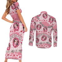 Japanese Daruma Doll Palaka Couples Matching Short Sleeve Bodycon Dress and Long Sleeve Button Shirt Cherry Blossoms With Shell Lei LT14 - Polynesian Pride