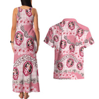 Japanese Daruma Doll Palaka Couples Matching Tank Maxi Dress and Hawaiian Shirt Cherry Blossoms With Shell Lei LT14 - Polynesian Pride