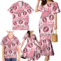 Japanese Daruma Doll Palaka Family Matching Mermaid Dress and Hawaiian Shirt Cherry Blossoms With Shell Lei - Polynesian Pride