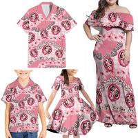 Japanese Daruma Doll Palaka Family Matching Off Shoulder Maxi Dress and Hawaiian Shirt Cherry Blossoms With Shell Lei LT14 - Polynesian Pride