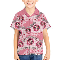Japanese Daruma Doll Palaka Family Matching Summer Maxi Dress and Hawaiian Shirt Cherry Blossoms With Shell Lei LT14 Son's Shirt Pink - Polynesian Pride