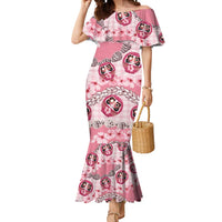 Japanese Daruma Doll Palaka Mermaid Dress Cherry Blossoms With Shell Lei - Polynesian Pride