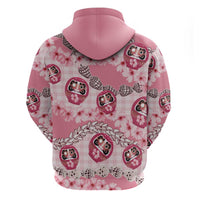 Japanese Daruma Doll Palaka Zip Hoodie Cherry Blossoms With Shell Lei - Polynesian Pride