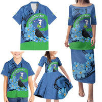New Zealand Chatham Islands Family Matching Puletasi and Hawaiian Shirt Wharekauri Forget Me Not With Black Robin